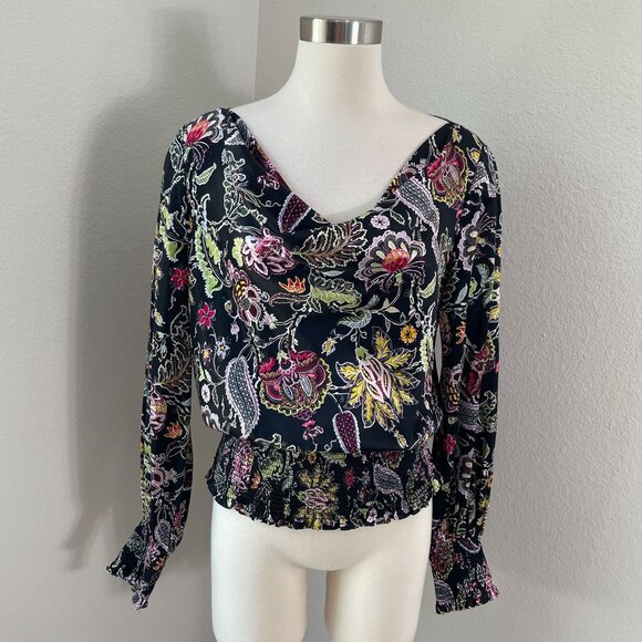 Cinq a Sept Womens Medium Floral 100% Silk Blouse Smocked Cuff Long Sleeve Shirt - Picture 1 of 9